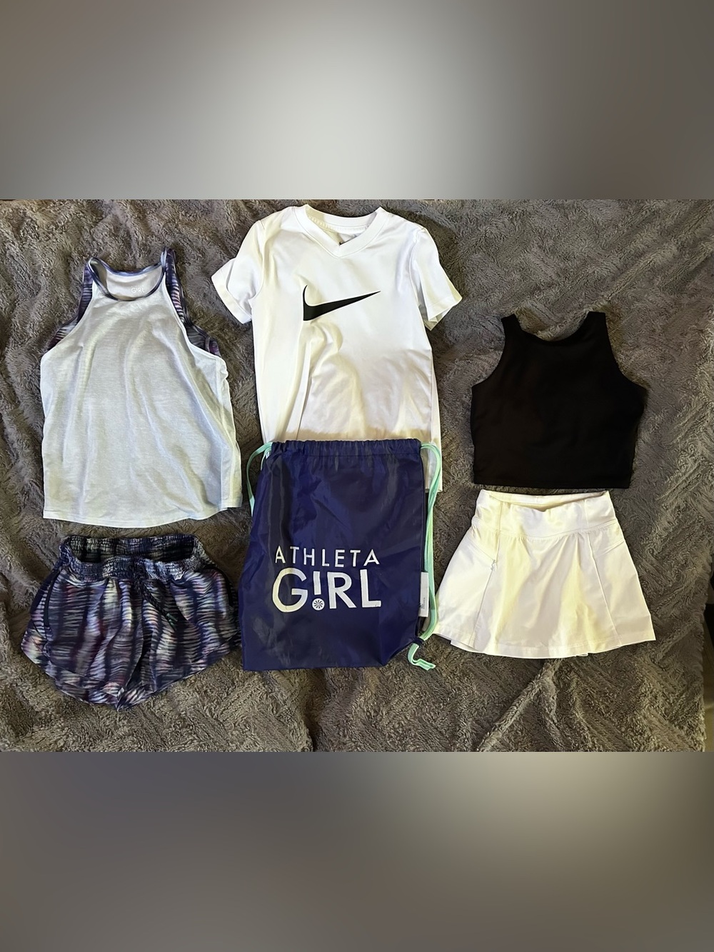 Athleta Girl tank and shorts outfit & Drawstring Backpack, Nike T, B&W bra skort